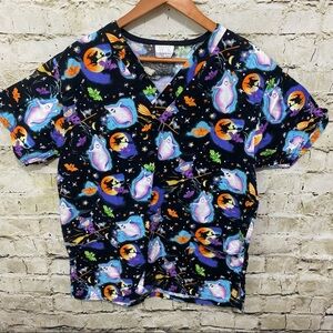 Fundamentally Cotton Black Orange Halloween Ghost Bat Scrub Top